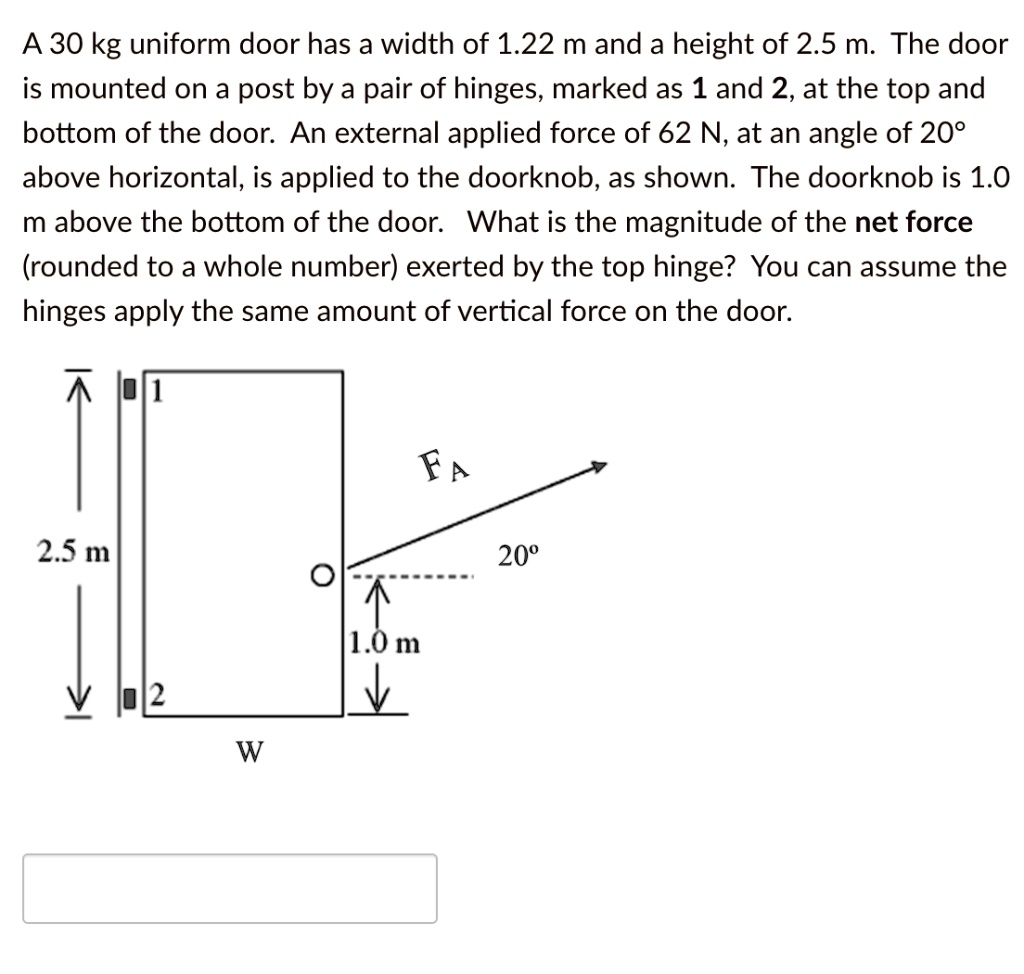 A 30 kg uniform door has a width of 1.22 m and a height of 2.5 m. The door is mounted on a post by a pair of hinges, marked as 1 and 2, at the top and bottom of the door. An external applied force of 62 N, at an angle of 20° above horizontal, is applied to the doorknob, as shown. The doorknob is 1.0 m above the bottom of the door. What is the magnitude of the net force (rounded to a whole number) exerted by the top hinge? You can assume the hinges apply the same amount of vertical force on the door.