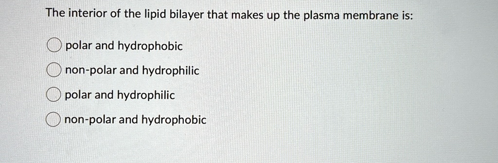 The interior of the lipid bilayer that makes up the plasma membrane is:
polar and hydrophobic
non-polar and hydrophilic
polar and hydrophilic
non-polar and hydrophobic