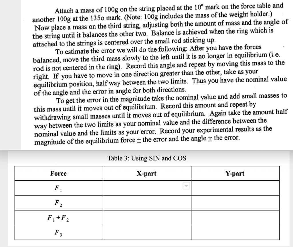 please help with this table how do i use the x part and the y part attach a mass of 100g on the string placed at the 10 mark on the force table and another 100g at the 135o mark note 100g in 39017