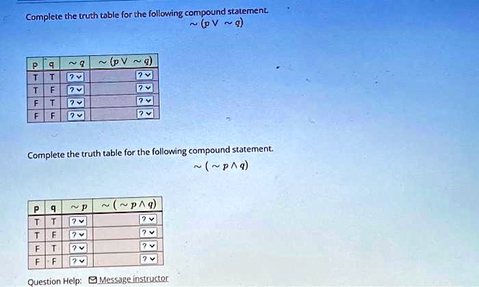Complete the truth table for the following compound statement.
∼ (p ∼ q)


p     q     ∼ q     ∼ (p ∼ q) 

T     T     ?     ? 

T     F     ?     ? 

F     T     ?     ? 

F     F     ?     ? 



Complete the truth table for the following compound statement.
∼ (∼ p  q)


p     q     ∼ p     ∼ (∼ p  q) 

T     T     ?     ? 

T     F     ?     ? 

F     T     ?     ? 

F     F     ?     ? 


Question Help:Message instructor