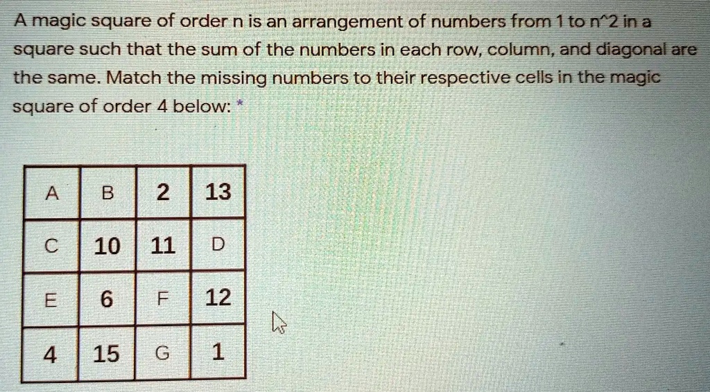 SOLVED: A magic square of order n is an arrangement of numbers from 1to ...