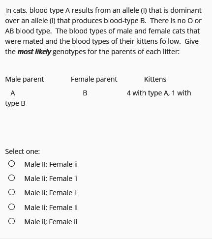 SOLVED: In Cats, Blood Type Results From An Allele (I) That Is Dominant ...