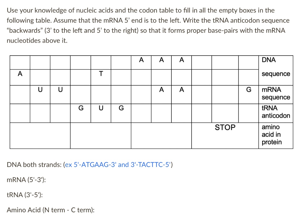 SOLVED: Use your knowledge of nucleic acids and the codon table to fill ...