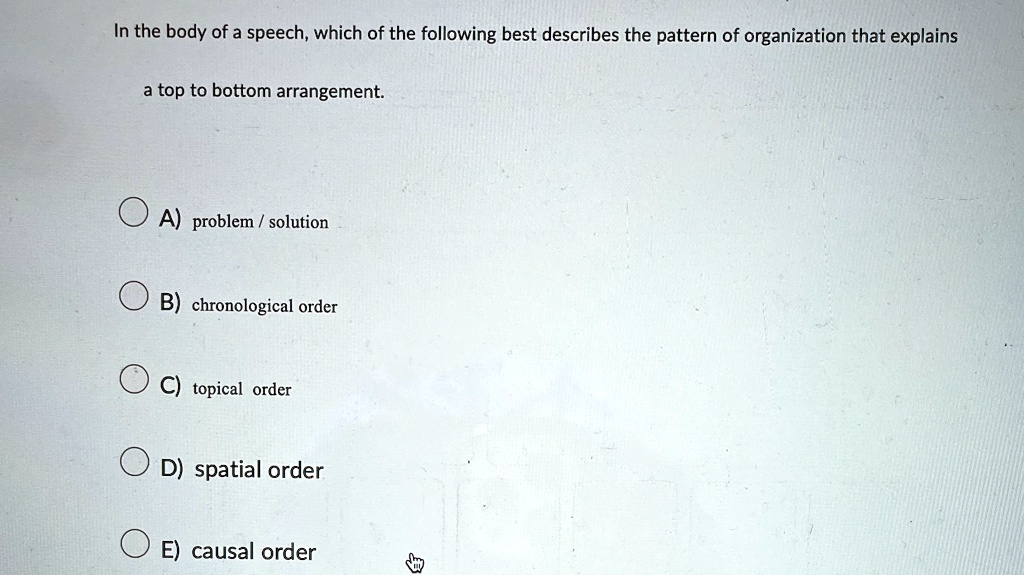 In the body of a speech, which of the following best describes the pattern of organization that explains
a top to bottom arrangement.
A) problem/solution
B) chronological order
C) topical order
D) spatial order
E) causal order