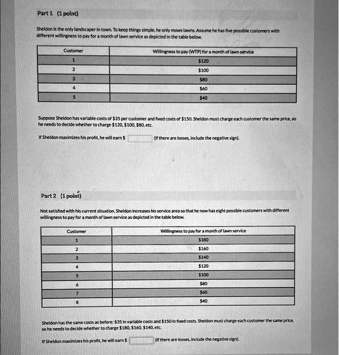 Part 1 (1 point)
Sheldon is the only landscaper in town. To keep things simple, he only mows lawns. Assume he has five possible customers with different willingness to pay for a month of lawn service as depicted in the table below.

Customer | Willingness to pay (WTP) for a month of lawn service
1 | 120
2 |100
3 | 80
4 |60
5 | 40

Suppose Sheldon has variable costs of35 per customer and fixed costs of 150. Sheldon must charge each customer the same price, so he needs to decide whether to charge120, 100,80, etc.
If Sheldon maximizes his profit, he will earn [ ] (if there are losses, include the negative sign).

Part 2 (1 point)
Not satisfied with his current situation, Sheldon increases his service area so that he now has eight possible customers with different willingness to pay for a month of lawn service as depicted in the table below.

Customer | Willingness to pay for a month of lawn service
1 |180
2 | 160
3 |140
4 | 120
5 |100
6 | 80
7 |60
8 | 40

Sheldon has the same costs as before:35 in variable costs and 150 in fixed costs. Sheldon must charge each customer the same price, so he needs to decide whether to charge180, 160,140, etc.
If Sheldon maximizes his profit, he will earn [ ] (if there are losses, include the negative sign).