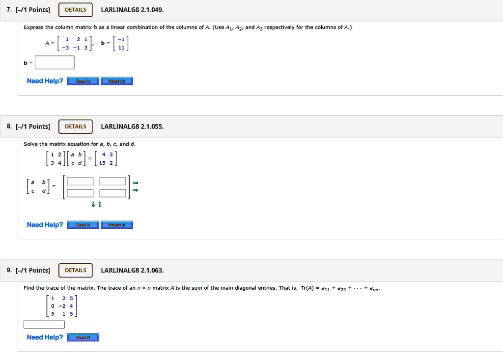 SOLVED: LARLINALG8 2.1.049 Express The Column Matrix As A Linear ...