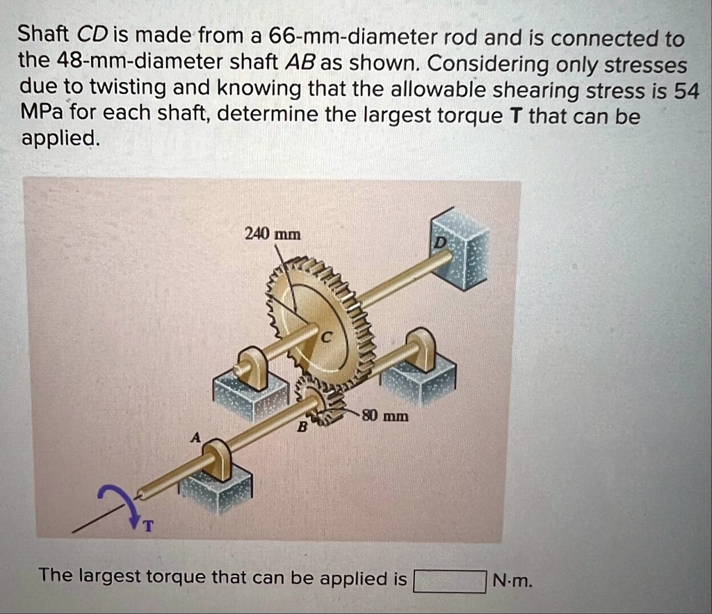 shaft cd is made from a 66 mm diameter rod and is connected to the 48 mm diameter shaft ab as shown considering only stresses due to twisting and knowing that the allowable shearing stress i 56507