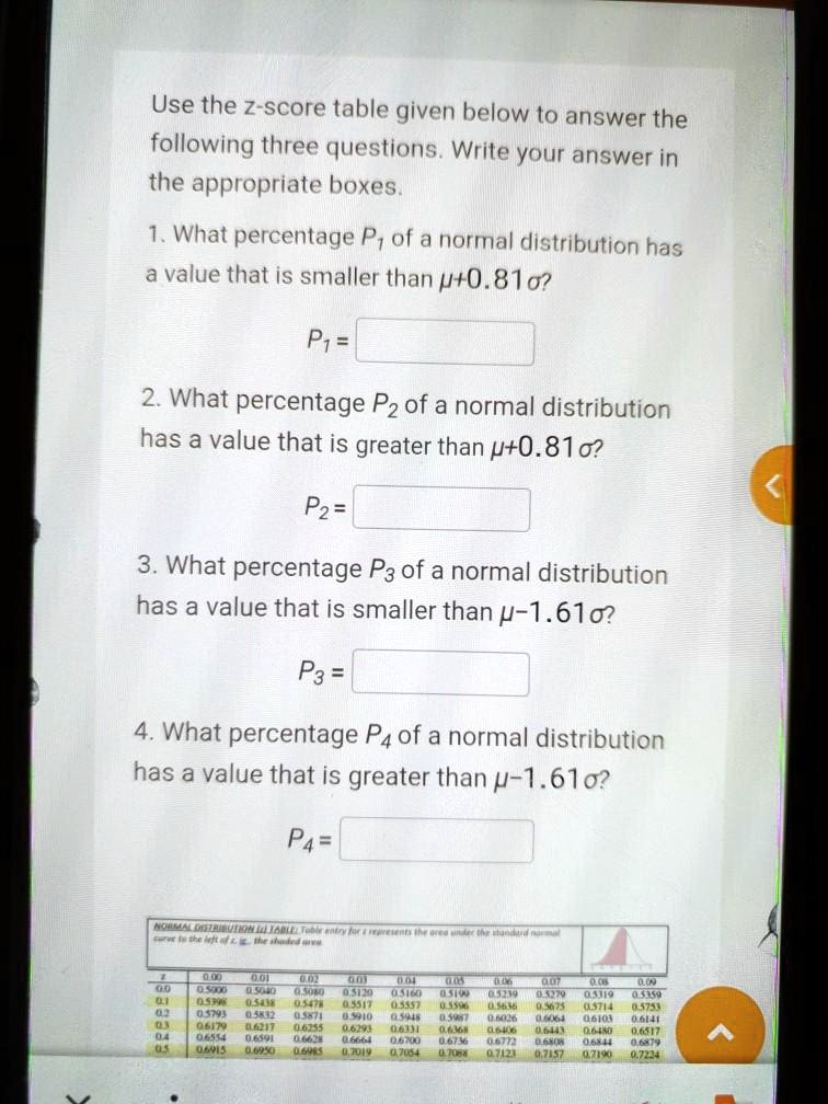 SOLVED: Use the z-score table given below to answer the following three ...