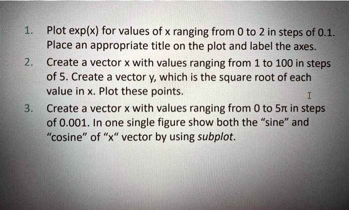 1. Plot exp(x) for values of x ranging from 0 to 2 in steps of 0.1 ...