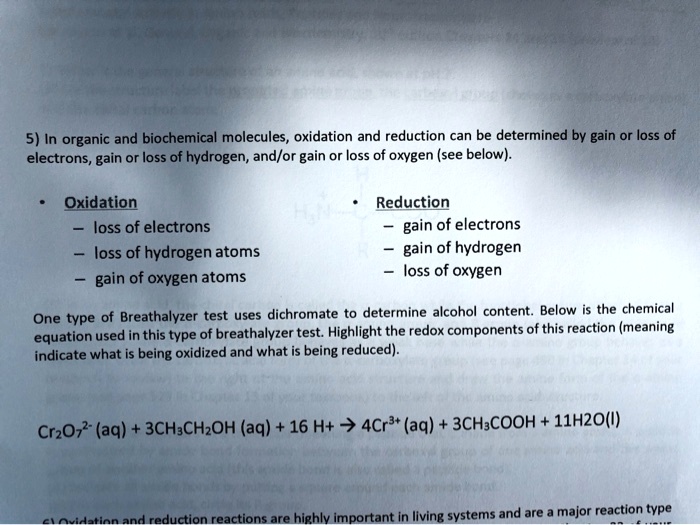 SOLVED In organic and biochemical molecules, oxidation and reduction