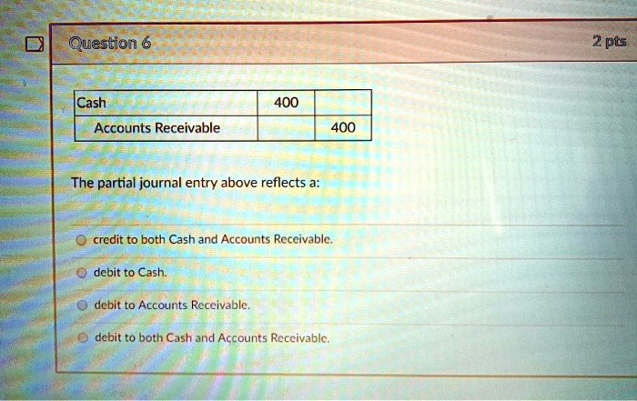 SOLVED: Question 6 2.pts Cash 400 Accounts Receivable 400 The partial ...