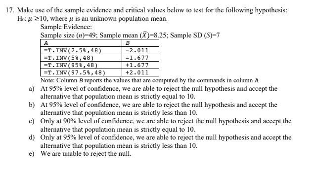17. Make use of the sample evidence and critical values below to test for the following hypothesis:
H0: ? ? 10, where ? is an unknown population mean.
Sample Evidence:
Sample size (n)=49; Sample mean (?)=8.25; Sample SD (S)=7

A | B
=T.INV(2.5%,48) | -2.011
=T.INV(5%,48) | -1.677
=T.INV(95%,48) | +1.677
=T.INV(97.5%,48) | +2.011

Note: Column B reports the values that are computed by the commands in column A.
a) At 95% level of confidence, we are able to reject the null hypothesis and accept the alternative that population mean is strictly equal to 10.
b) At 95% level of confidence, we are able to reject the null hypothesis and accept the alternative that population mean is strictly less than 10.
c) Only at 90% level of confidence, we are able to reject the null hypothesis and accept the alternative that population mean is strictly equal to 10.
d) Only at 95% level of confidence, we are able to reject the null hypothesis and accept the alternative that population mean is strictly less than 10.
e) We are unable to reject the null.