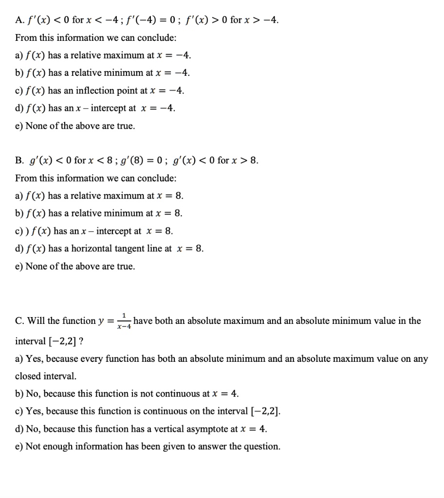 Solved A F X 0 For X 4 F 4 0 F X 0 For X 4 From This Information We Can Conclude A F X Has A