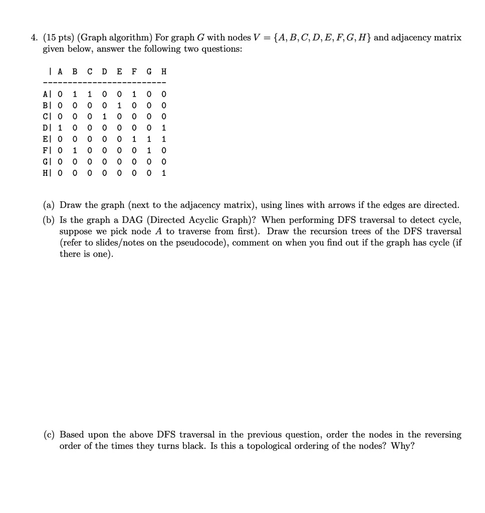 4 15 pts graph algorithm for graph g with nodes v a b c d e f g h and adjacency matrix given below answer the following two questions abcdefgh a0 1 1 0 0 1 0 0 b0 0 0 1 0 0 0 0 c1 0 0 0 1 0  60544