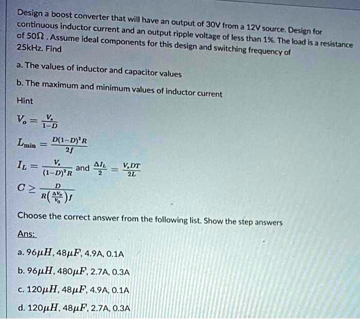 SOLVED Design a boost converter that will have an output of 30V from a