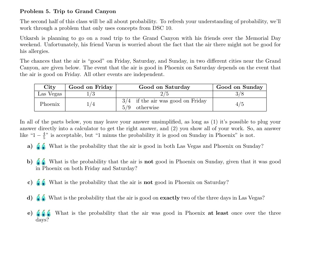 problem 5 trip to grand canyon the second half of this class will be all about probability to refresh your understanding of probability well work through a problem that only uses concepts fr 48983
