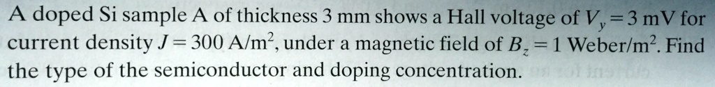 A doped Si sample A of thickness 3 mm shows a Hall voltage of Vy = 3 mV ...