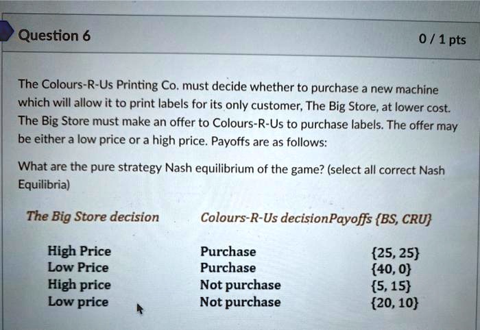 The Colours-R-Us Printing Co. must decide whether to purchase a new machine which will allow it to print labels for its only customer, The Big Store, at lower cost. The Big Store must make an offer to Colours-R-Us to purchase labels. The offer may be either a low price or a high price. Payoffs are as follows:

What are the pure strategy Nash equilibrium of the game? (select all correct Nash Equilibria)

The Big Store decision Colours-R-Us decision Payoffs BS, CRU

High Price Purchase 25, 25
Low Price Purchase 40, 0
High price Not purchase 5, 15
Low price Not purchase 20, 10