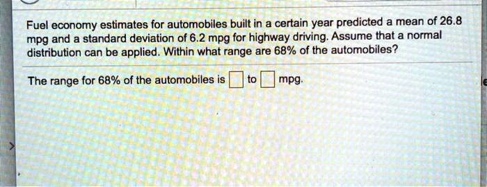 Fuel economy estimates for automobiles built in a certain year predicted a mean of 26.8 mpg and a standard deviation of 6.2 mpg for highway driving. Assume that a normal distribution can be applied. Within what range are 68% of the automobiles?
The range for 68% of the automobiles is to mpg.