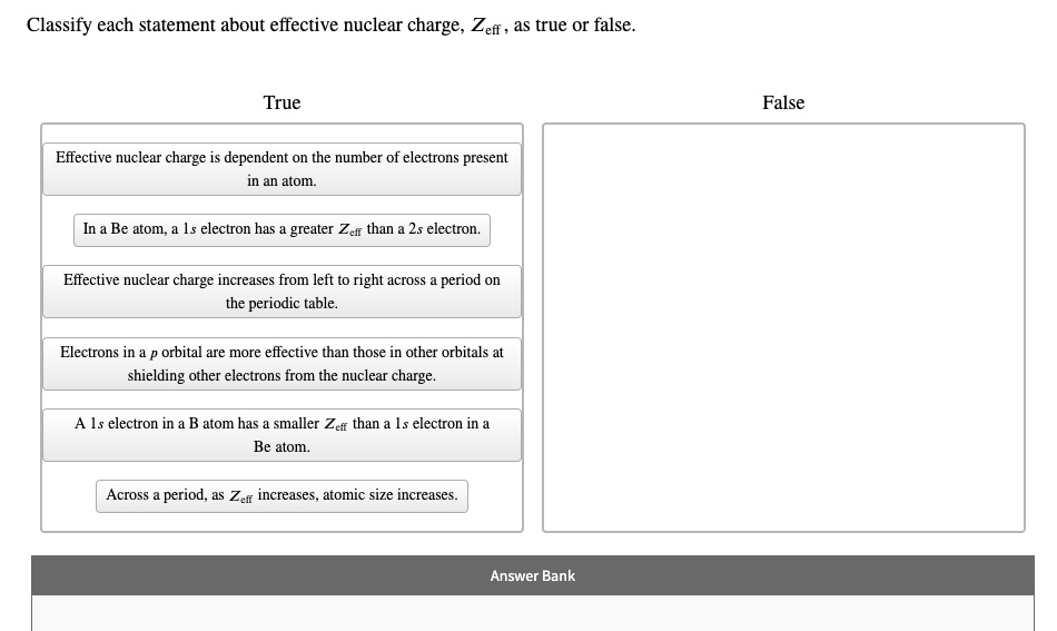 SOLVED Classify each statement about effective nuclear charge, Zeff