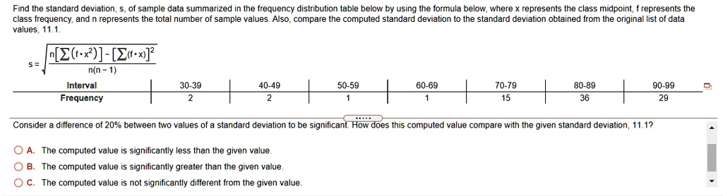 SOLVED: Find the standard deviation sample dala summarized in the ...