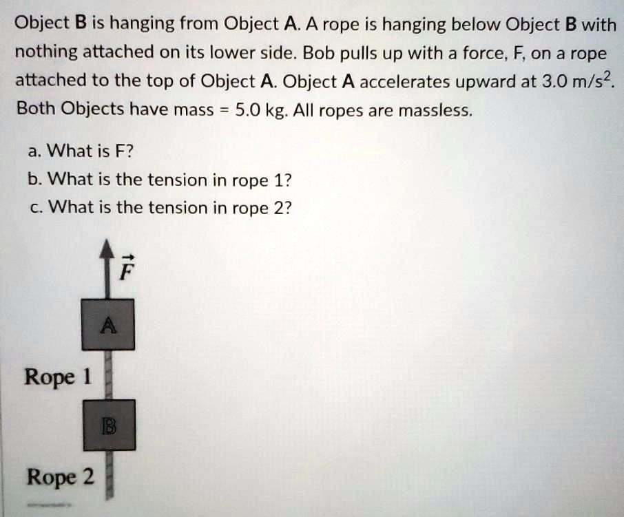 Object B is hanging from Object A. A rope is hanging below Object B with nothing attached on its lower side. Bob pulls up with a force, F, on a rope attached to the top of Object A. Object A accelerates upward at 3.0 m/s2. Both Objects have mass = 5.0 kg. All ropes are massless.
a. What is F?
b. What is the tension in rope 1?
c. What is the tension in rope 2?