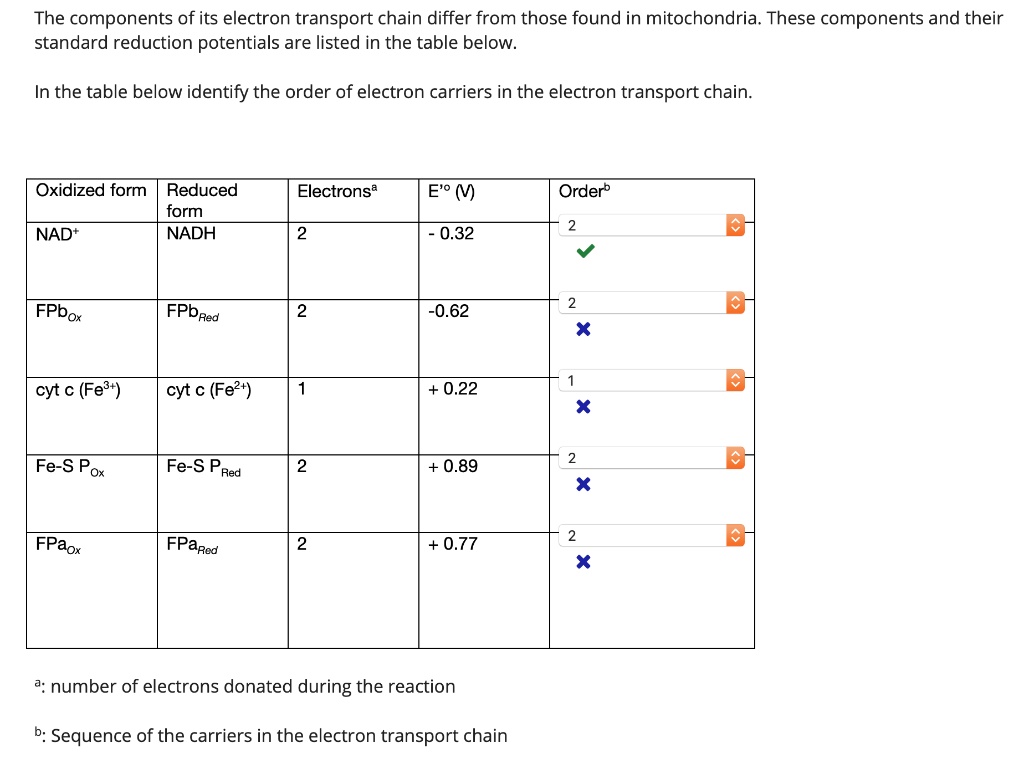 The components of its electron transport chain differ from those found in mitochondria. These components and their standard reduction potentials are listed in the table below.

In the table below identify the order of electron carriers in the electron transport chain.

Oxidized form | Reduced form | Electrons? | E?? (V) | Order?
NAD? | NADH | 2 | - 0.32 | 2
FPbOx | FPbRed | 2 | -0.62 | 2
cyt c (Fe??) | cyt c (Fe?) | 1 | + 0.22 | 1
Fe-S POx | Fe-S PRed | 2 | + 0.89 | 2
FPaOx | FPaRed | 2 | + 0.77 | 2

?: number of electrons donated during the reaction

?: Sequence of the carriers in the electron transport chain