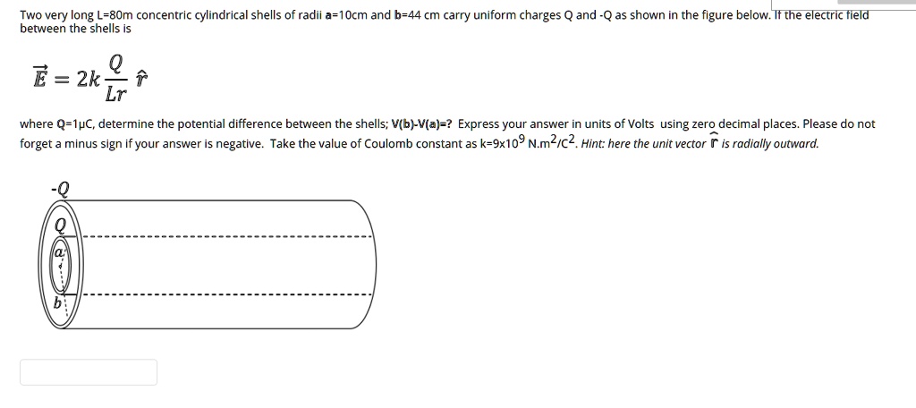 Solved Two Very Long L 8om Concentric Cylindrical Shells Of Radii A 1ocm And B 44 Cm Carry Uniform Charges Q And Q As Shown In The Figure Below Tf The Ectric Tield Between The Shells E 2k
