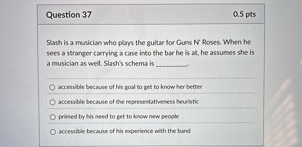 question 37 0 5 pts slash is a musician who plays the guitar for guns n roses when he sees a stranger carrying a case into the bar he is at he assumes she is a musician as well slashs schema 68748