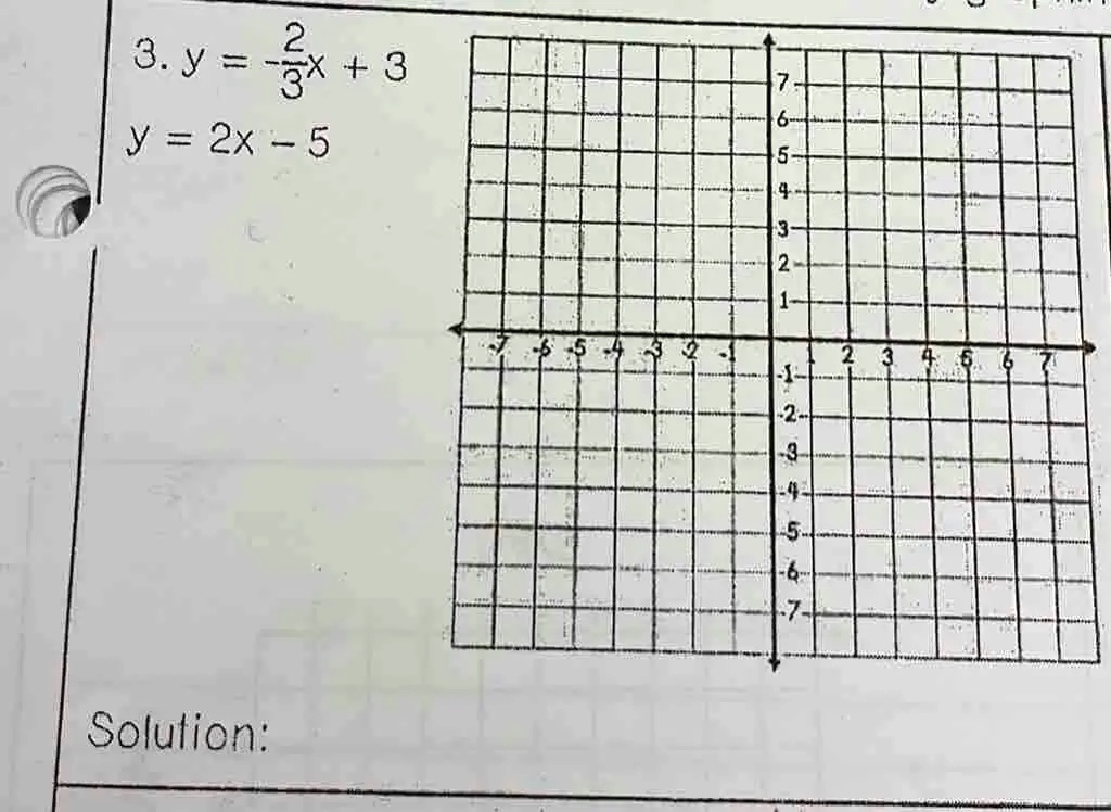 3. y = -(2)/(3)x + 3
y = 2x - 5

Solution: