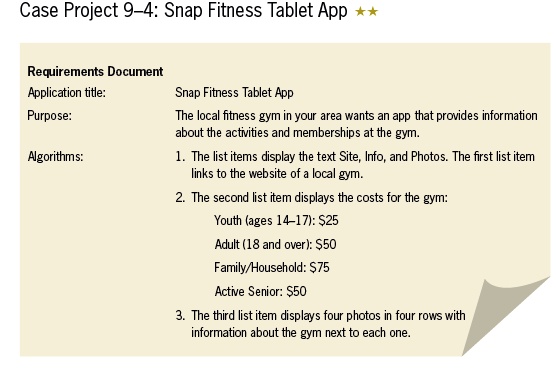 SOLVED: Android Studio JAVA Android Studio JAVA Android Studio JAVA Android  Studio JAVA Android Studio JAVA ———————————————————————– Case Project 9-4:  Snap Fitness Tablet App ** Requirements Document Application title: Snap  Fitness Tablet