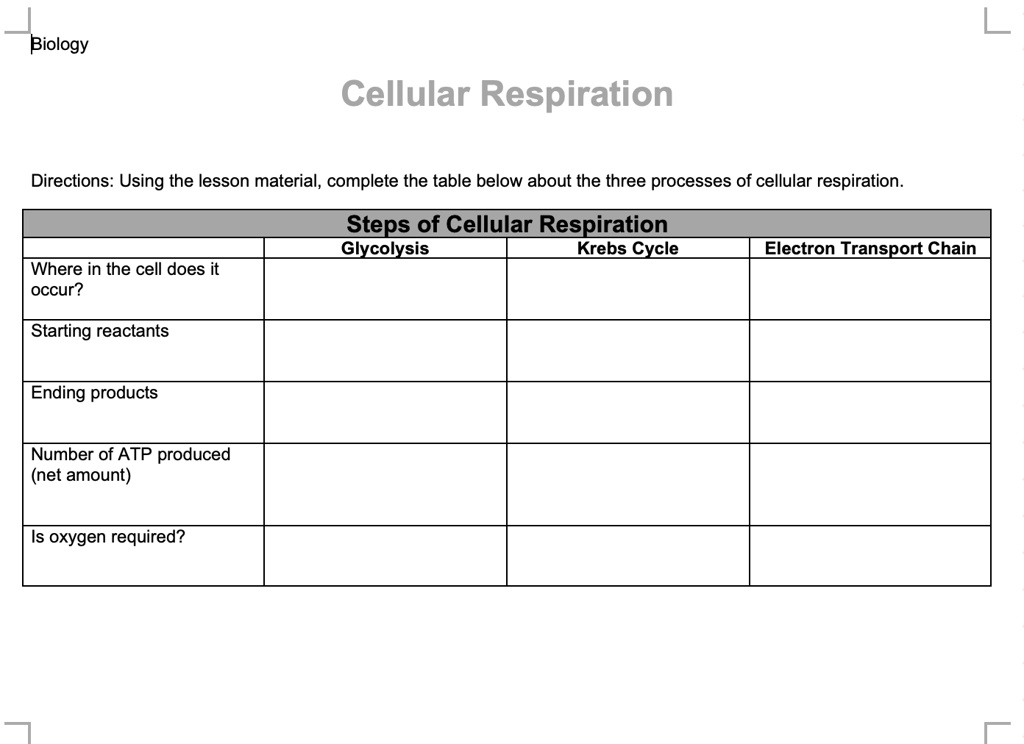 biology cellular respiration directions using the lesson material ...