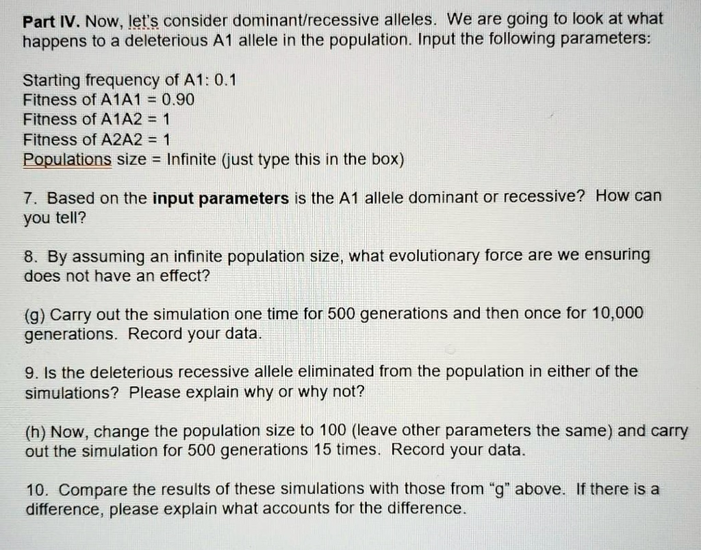 Part IV. Now, let's consider dominant/recessive alleles. We are going to look at what happens to a deleterious A1 allele in the population. Input the following parameters:

Starting frequency of A1: 0.1
Fitness of A1A1 = 0.90
Fitness of A1A2 = 1
Fitness of A2A2 = 1
Populations size = Infinite (just type this in the box)

7. Based on the input parameters is the A1 allele dominant or recessive? How can you tell?

8. By assuming an infinite population size, what evolutionary force are we ensuring does not have an effect?

(g) Carry out the simulation one time for 500 generations and then once for 10,000 generations. Record your data.

9. Is the deleterious recessive allele eliminated from the population in either of the simulations? Please explain why or why not?

(h) Now, change the population size to 100 (leave other parameters the same) and carry out the simulation for 500 generations 15 times. Record your data.

10. Compare the results of these simulations with those from "g" above. If there is a difference, please explain what accounts for the difference.