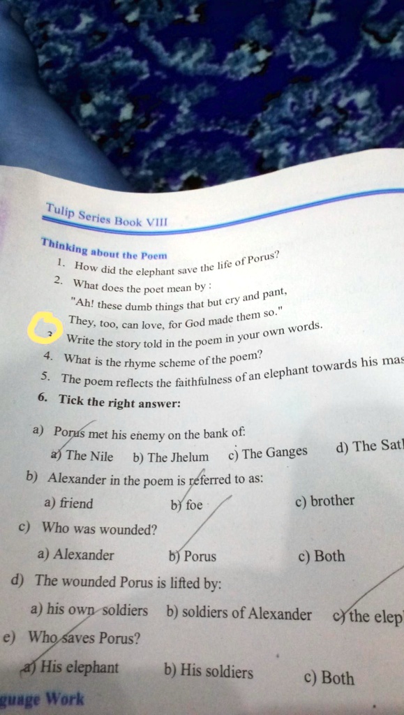 class 8th english poem 2 question answer porus and his elephant