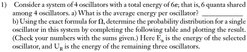 1 consider a system of 4 oscillators with a total energy of 6epsilon that is 6 quanta shared among 4 oscillators a what is the average energy per oscillator b using the exact formula for ome 31404