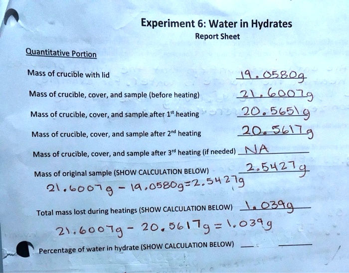 SOLVED Experiment 6 Water in Hydrates Report Sheet Quantitative