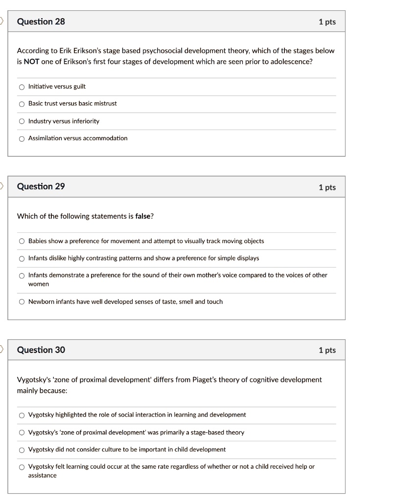 Question 28 1 pts According to Erik Erikson's stage based psychosocial ...