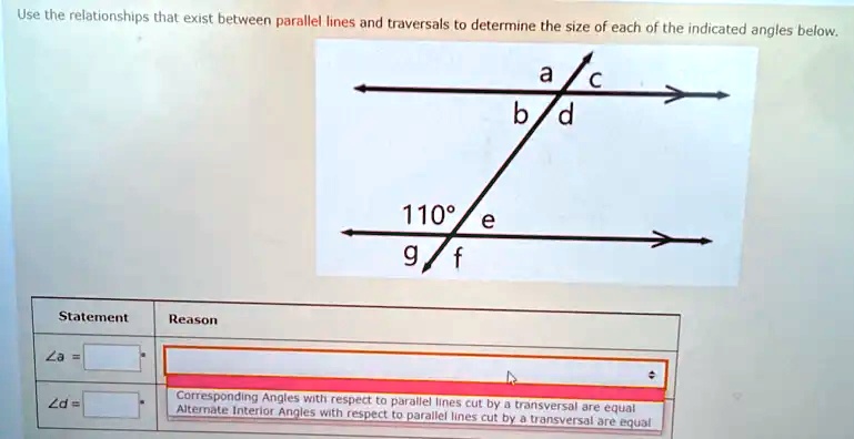 Use the relationships that exist between parallel lines and traversals to determine the size of each of the indicated angles below.
Statement
Reason
∠a = 
∠d = 
110°
e
g/f
a
c
b/d
Corresponding Angles with respect to parallel lines cut by a transversal are equal
Alternate Interior Angles with respect to parallel lines cut by a transversal are equal