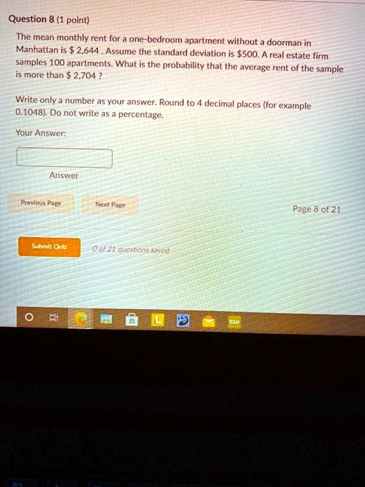 SOLVED Question 8 (1 point) The mean monthly rent for a onebedroom
