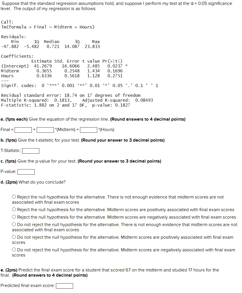 SOLVED: Suppose that the standard regression assumptions hold,and ...