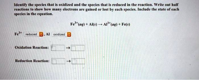 Identify the species that is oxidized and the species that is reduced in the reaction. Write out half
reactions to show how many electrons are gained or lost by each species. Include the state of each
species in the equation.

Fe3+(aq) + Al(s) ? Al3+(aq) + Fe(s)

Fe3+ reduced , Al oxidized

Oxidation Reaction:
Reduction Reaction: