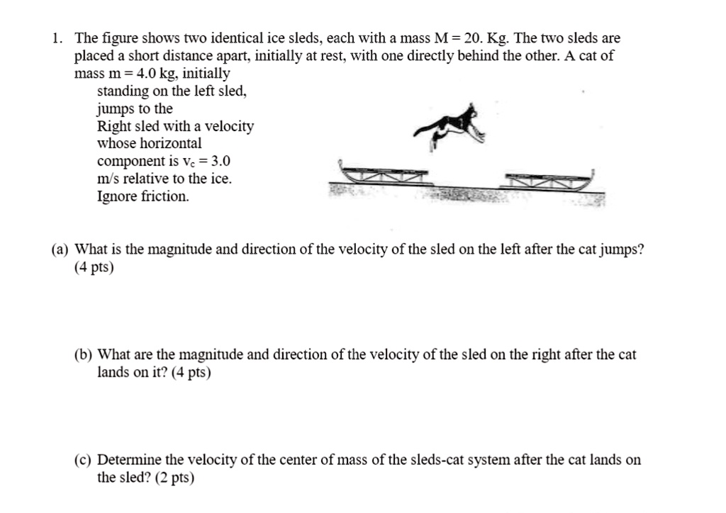 1. The figure shows two identical ice sleds, each with a mass M = 20. Kg. The two sleds are placed a short distance apart, initially at rest, with one directly behind the other. A cat of mass m = 4.0 kg, initially standing on the left sled, jumps to the Right sled with a velocity whose horizontal component is vc = 3.0 m/s relative to the ice. Ignore friction.

(a) What is the magnitude and direction of the velocity of the sled on the left after the cat jumps? (4 pts)

(b) What are the magnitude and direction of the velocity of the sled on the right after the cat lands on it? (4 pts)

(c) Determine the velocity of the center of mass of the sleds-cat system after the cat lands on the sled? (2 pts)