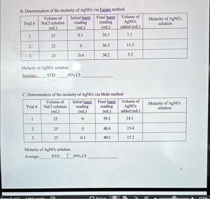 SOLVED: How do I find the molarity of AgNO3, average, standard ...