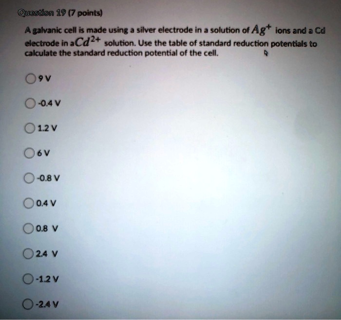 SOLVED: Question 19 Points) A Galvanic Cell Is Made Using A Silver ...