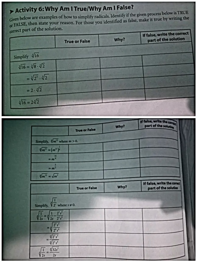 activity 6why am truewhy am false radicals identifyif the given process belowittrue given below are examples ofhow to simplify identified as false make it true by writing the false then stat 99605
