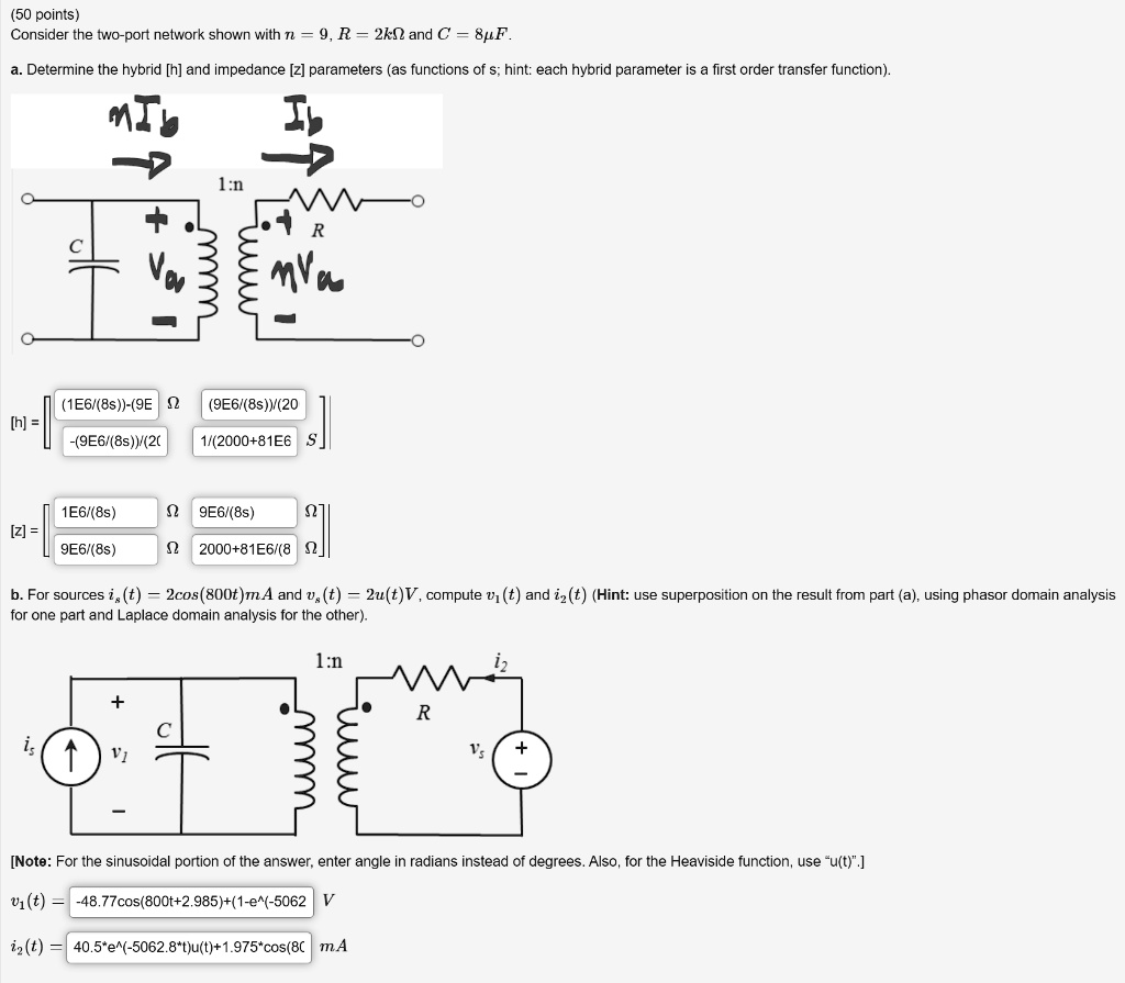Consider the two-port network shown with n=9, R=2kÎ©, and C=8Î¼F. For ...