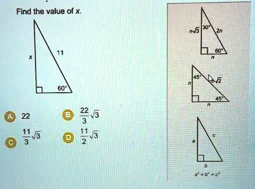 Find the value of x.
X
11
60°
22
A 22
B (22)/(3)√(3)
11√(3)
C (11)/(3)√(3)
D (11)/(2)√(3)