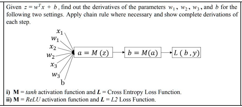 Given z = w<sup>T</sup>x + b, find out the derivatives of the parameters w<sub>1</sub>, w<sub>2</sub>, w<sub>3</sub>, and b for the following two settings. Apply chain rule where necessary and show complete derivations of each step.
i) M = tanh activation function and L = Cross Entropy Loss Function.
ii) M = ReLU activation function and L = L2 Loss Function.