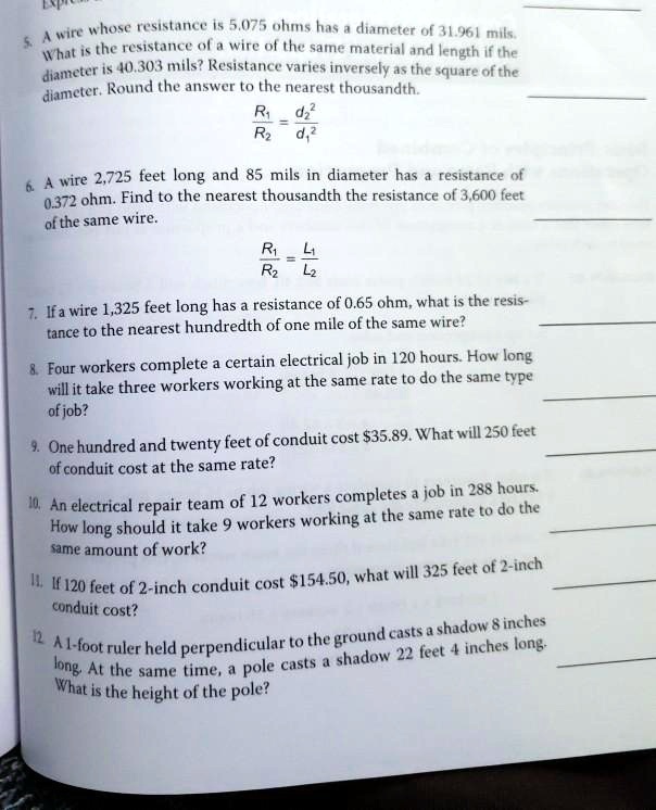 SOLVED: Wire whose resistance is 5,075 ohms has a diameter of 34.96 ...