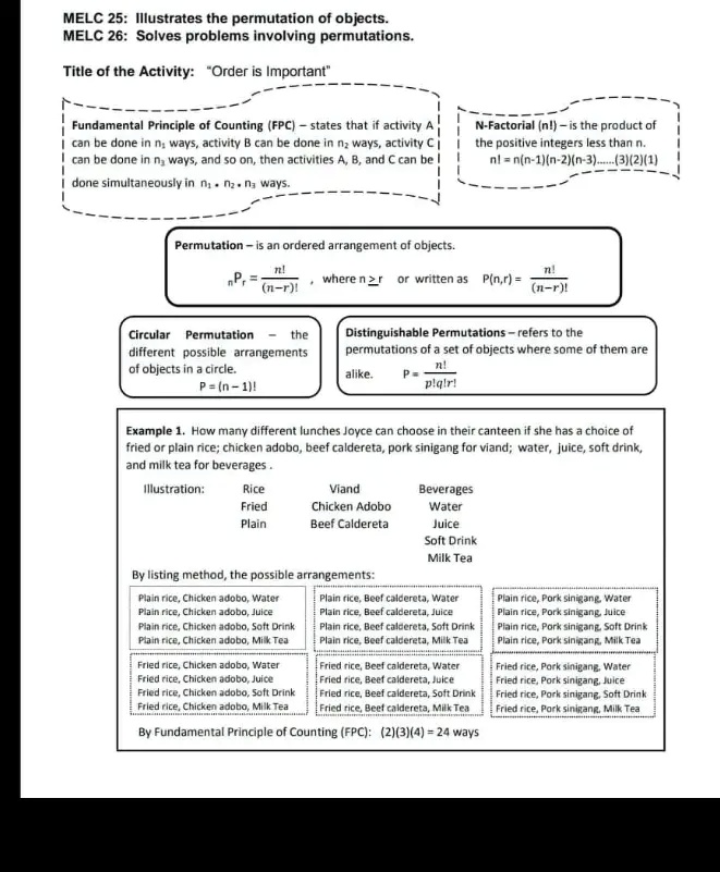 melc 25 illustrates the permutation of objects melc 26 solves problems involving permutations title of the activity order is important fundamental principle of counting fpci states that act 00432